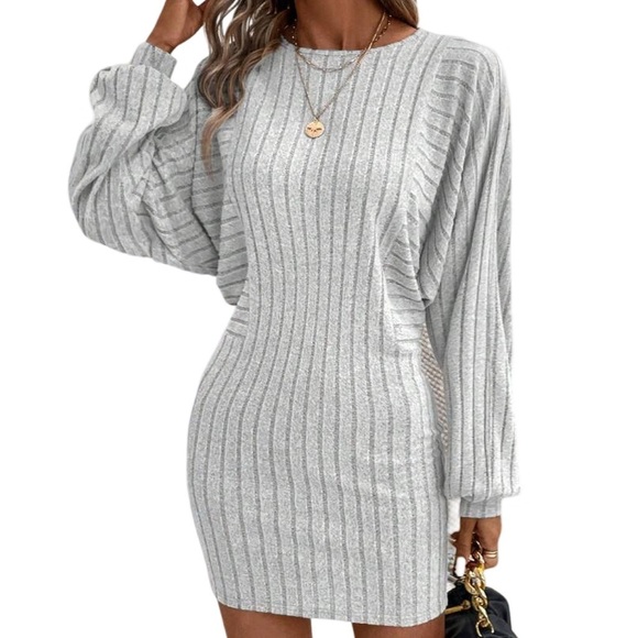 SHEIN Dresses & Skirts - Grey Batwing Long Sleeve Ribbed Knit Bodycon Sweater Dress